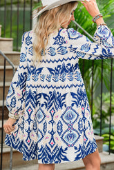 Blue Ethnic Print Pop of Color Neckline Long Sleeve Dress
